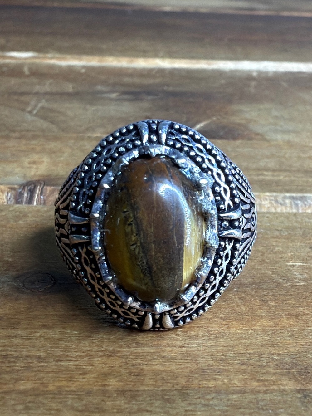 Gothic Tigers Eye Gemstone Ring Size 8.75 Silver 925 Vintage Style Jewelry
